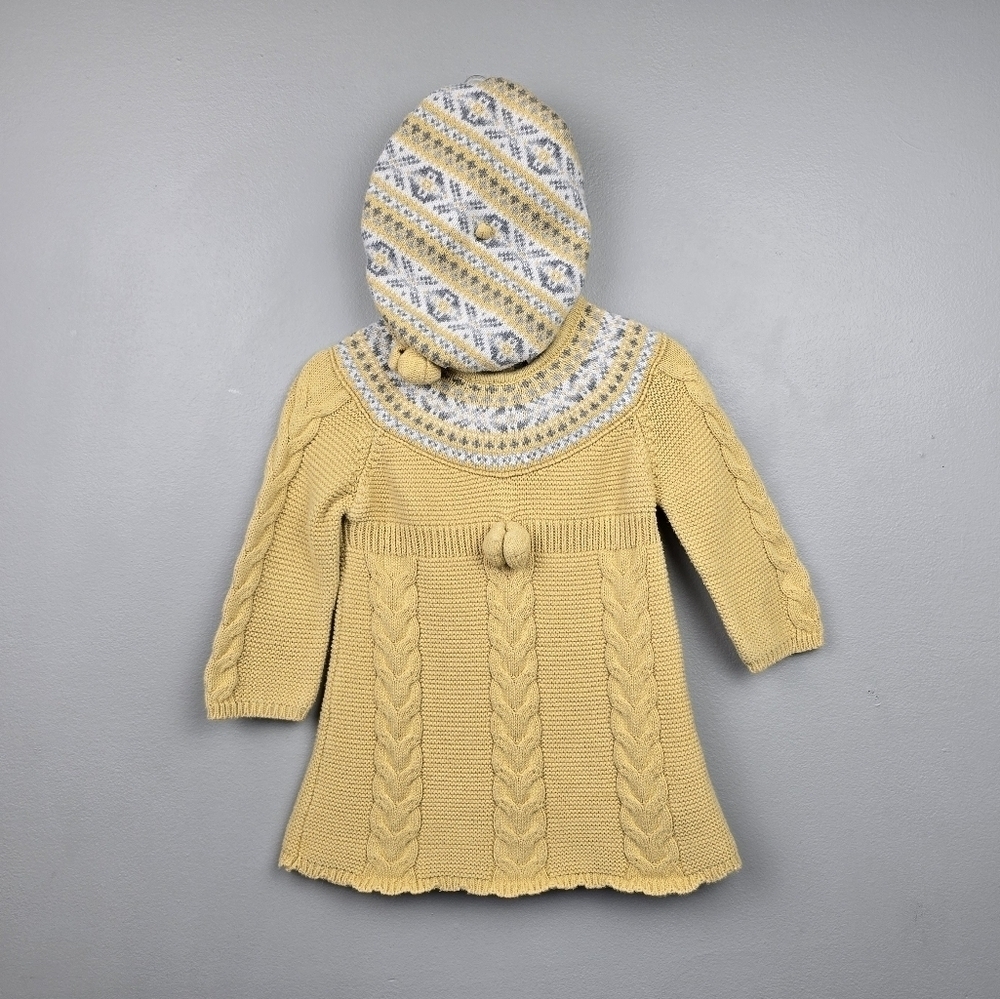 Fair Isle Cable Knit Sweater Dress And Beret Hat Yellow Gray Baby Girl's‎ 6-9 M